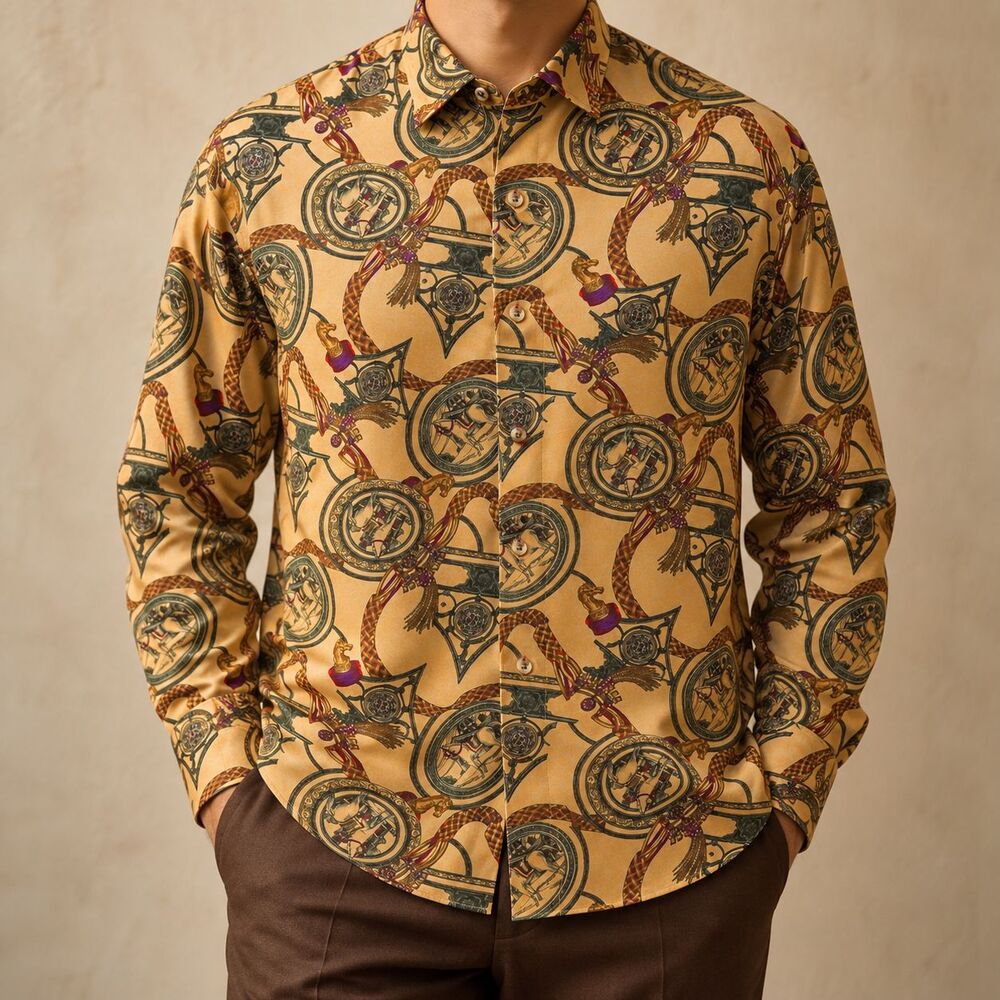 Mens Large Gold Equestrian Horse Baroque Silky Shirt Retro Graphic Print NWT